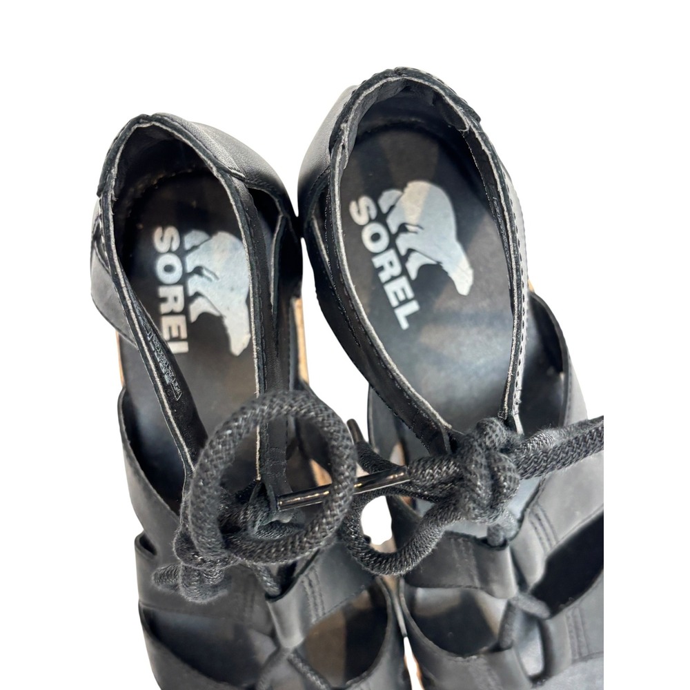 Sorel Joanie II Lace Black Leather Cork Platform Wedge Gladiator Sandals 8.5 - Picture 9 of 11